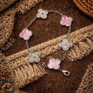 Sterling silver 925 Pink and Silver clover Flower Bracelet 7.5 in